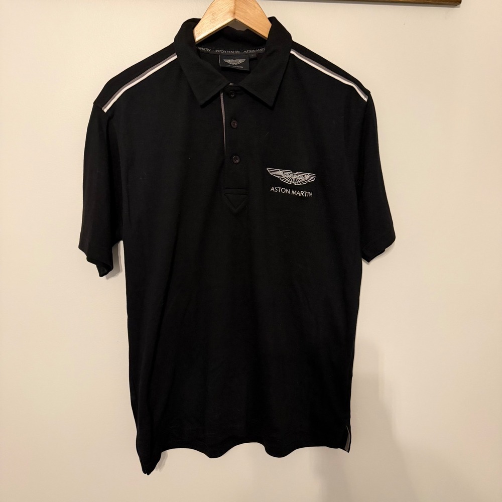Aston Martin Mens Black Short Sleeve Polo Shirt Racing Stripe Logo Size L